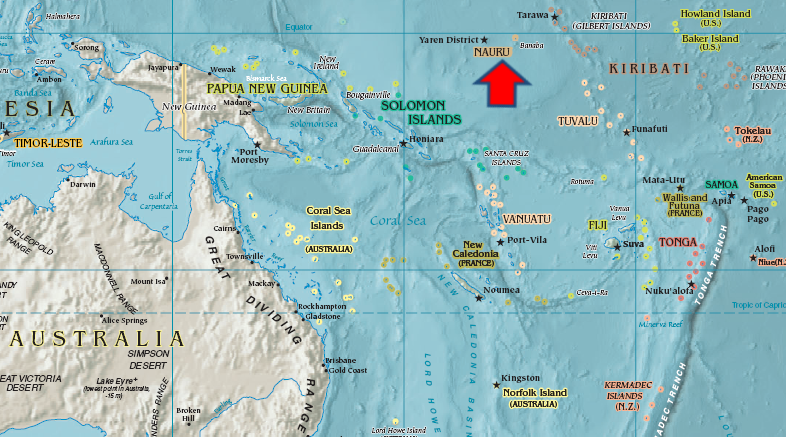 Nauru is midway between Australia and Hawaii, 3,000 km from each